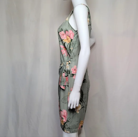 Green & Pink Botanical Floral Sleeveless Tank Midi Dress Wrap Front Style - Picture 7 of 9